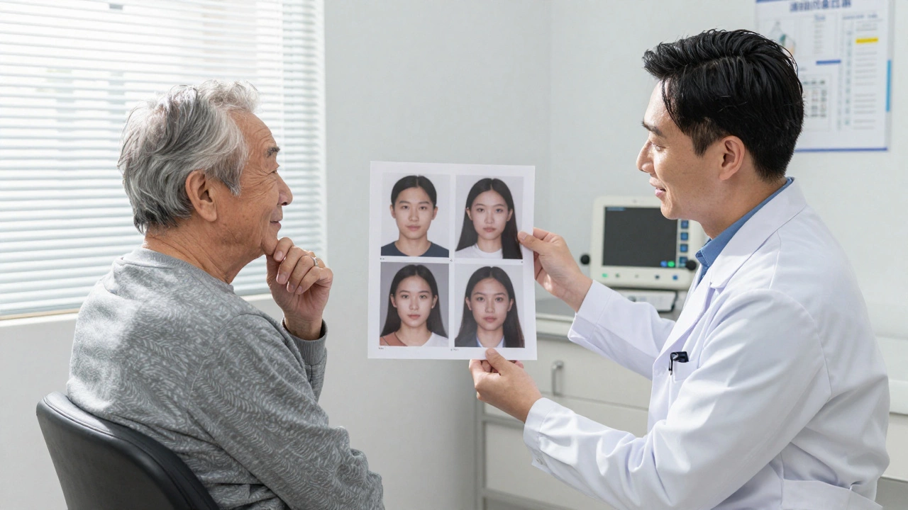 A plastic surgeon and an 81-year-old patient reviewing photos during a calm consultation.