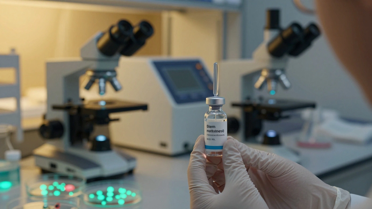 A scientist preparing a custom stem cell serum in a sterile laboratory with glowing bio-materials.