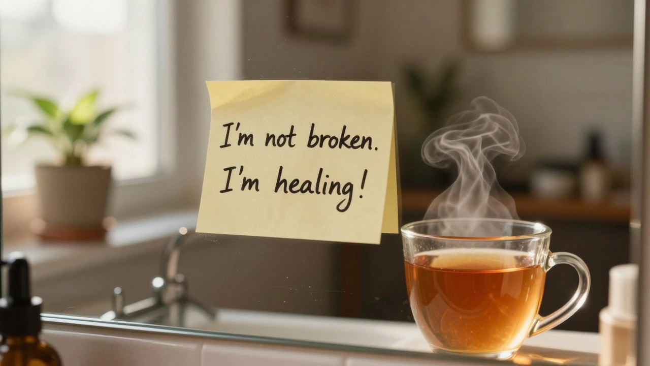 A sticky note on a mirror reading 'I’m not broken. I’m healing.' with a steaming cup of tea beside it.