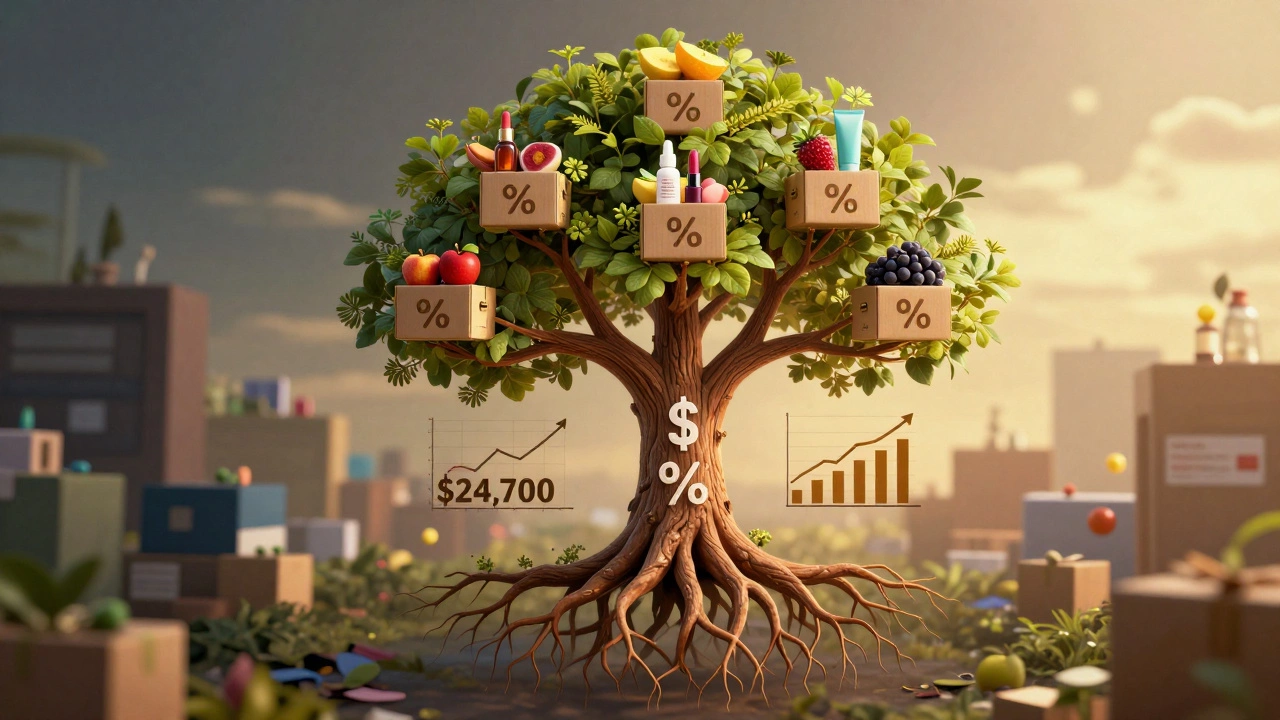 A tree with subscription boxes as roots and beauty products as fruit, symbolizing business growth and profitability.