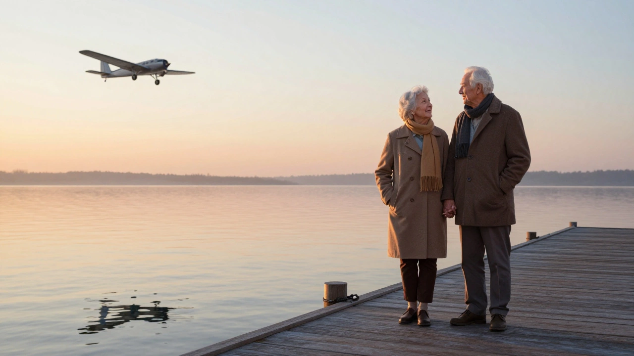 An elderly couple holding hands at sunrise, their reflections showing younger versions.