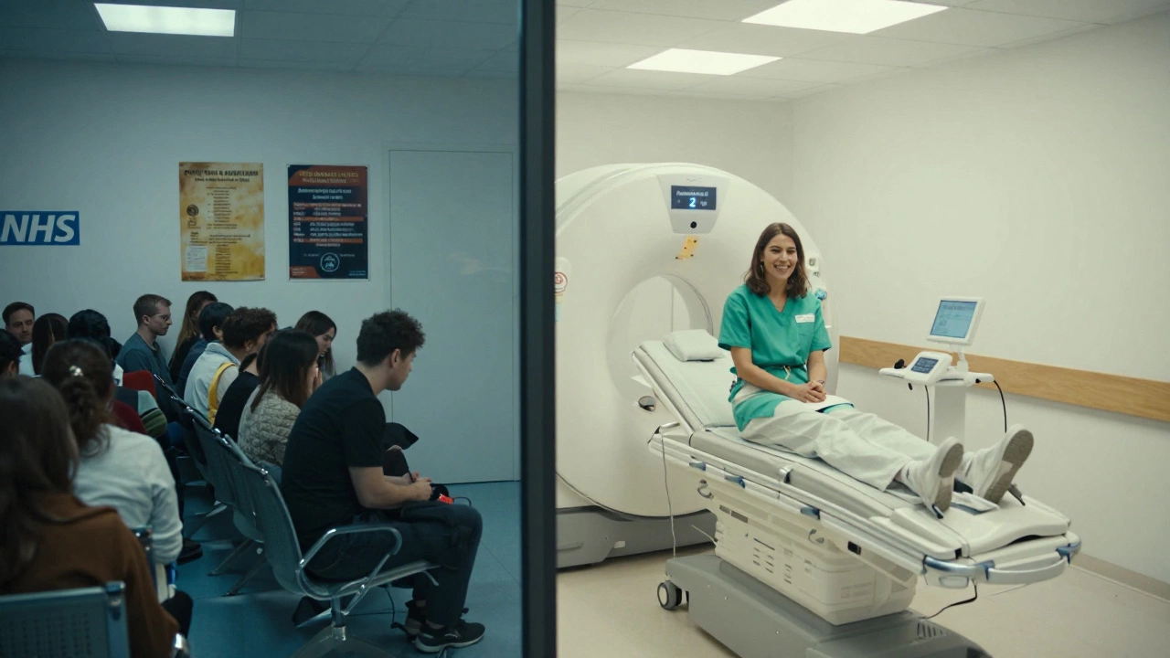 Contrasting NHS waiting room with fast private clinic appointment for an MRI scan.