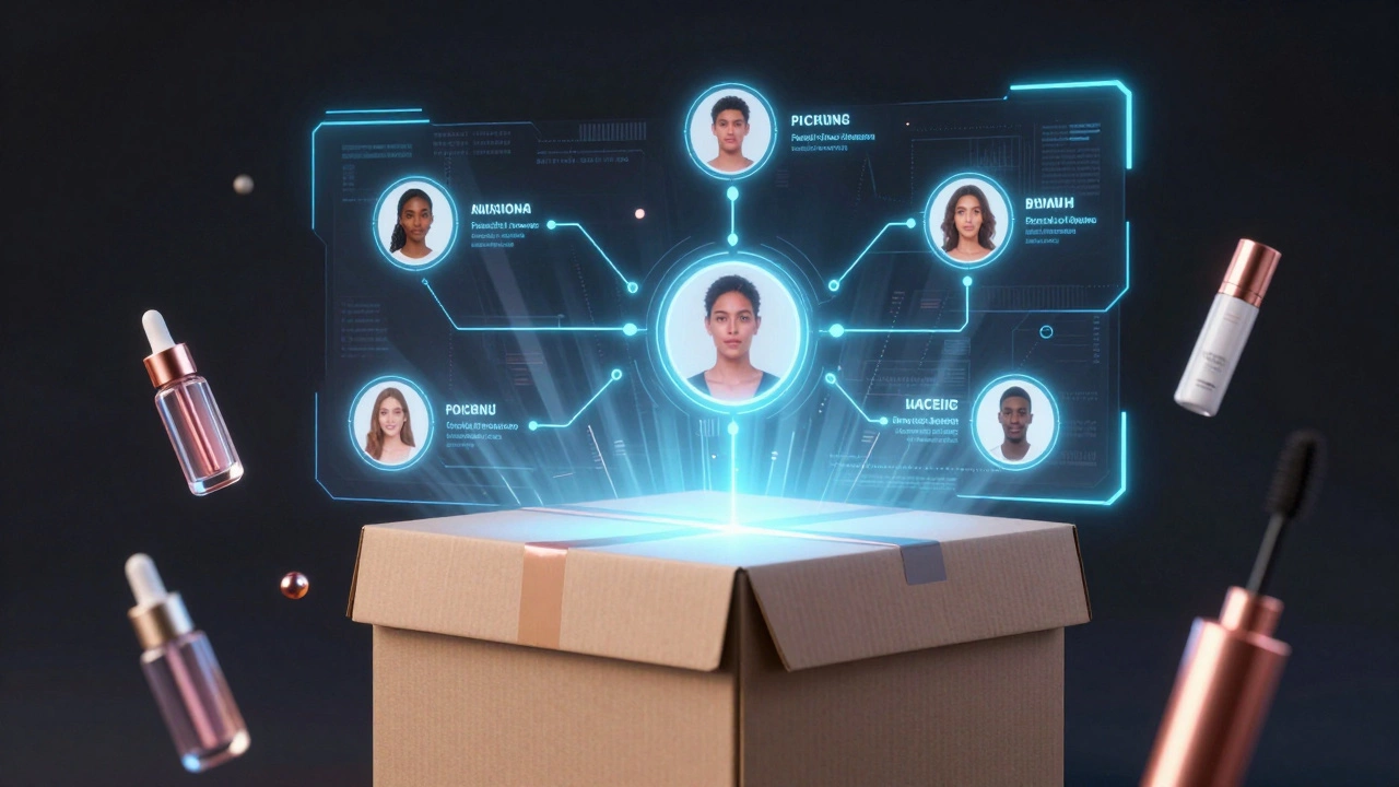 Digital interface showing personalized beauty product selection with floating mini samples.