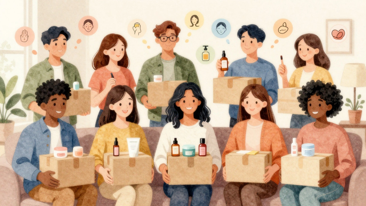Diverse people smiling while unboxing monthly beauty products in cozy home environments.