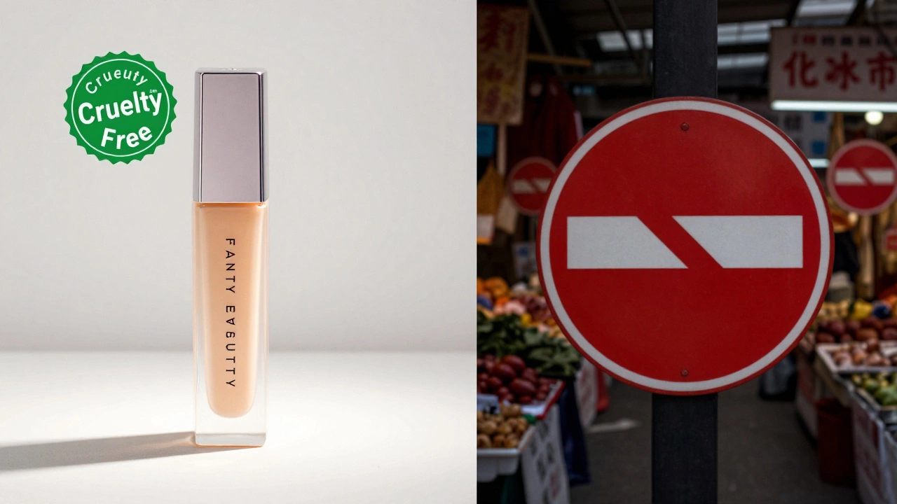 Fenty Beauty product beside a blurred China market with &#039;No Entry&#039; signs, symbolizing ethical choice.