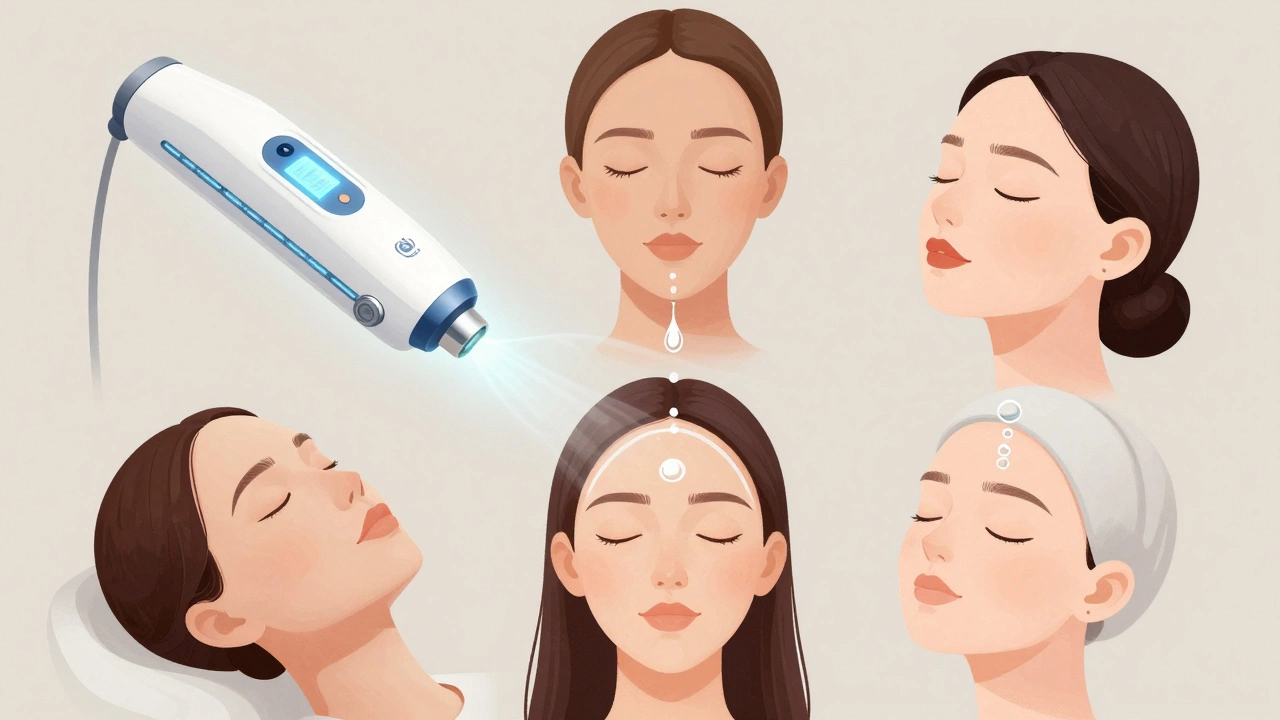 Four skincare treatments illustrated in a circular composition: Hydrafacial, chemical peel, microcurrent, and oxygen facial.