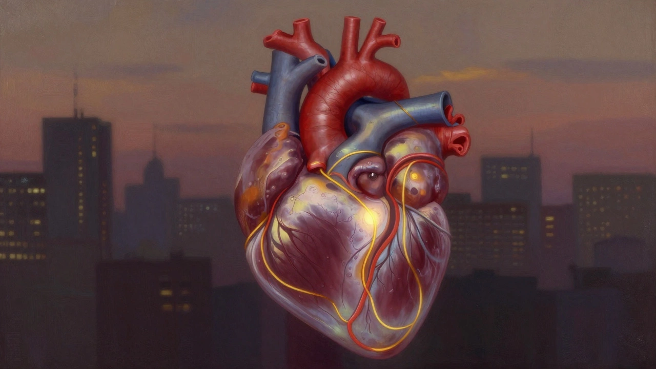 Golden bypass grafts rerouting blood around a blocked artery inside a symbolic heart.