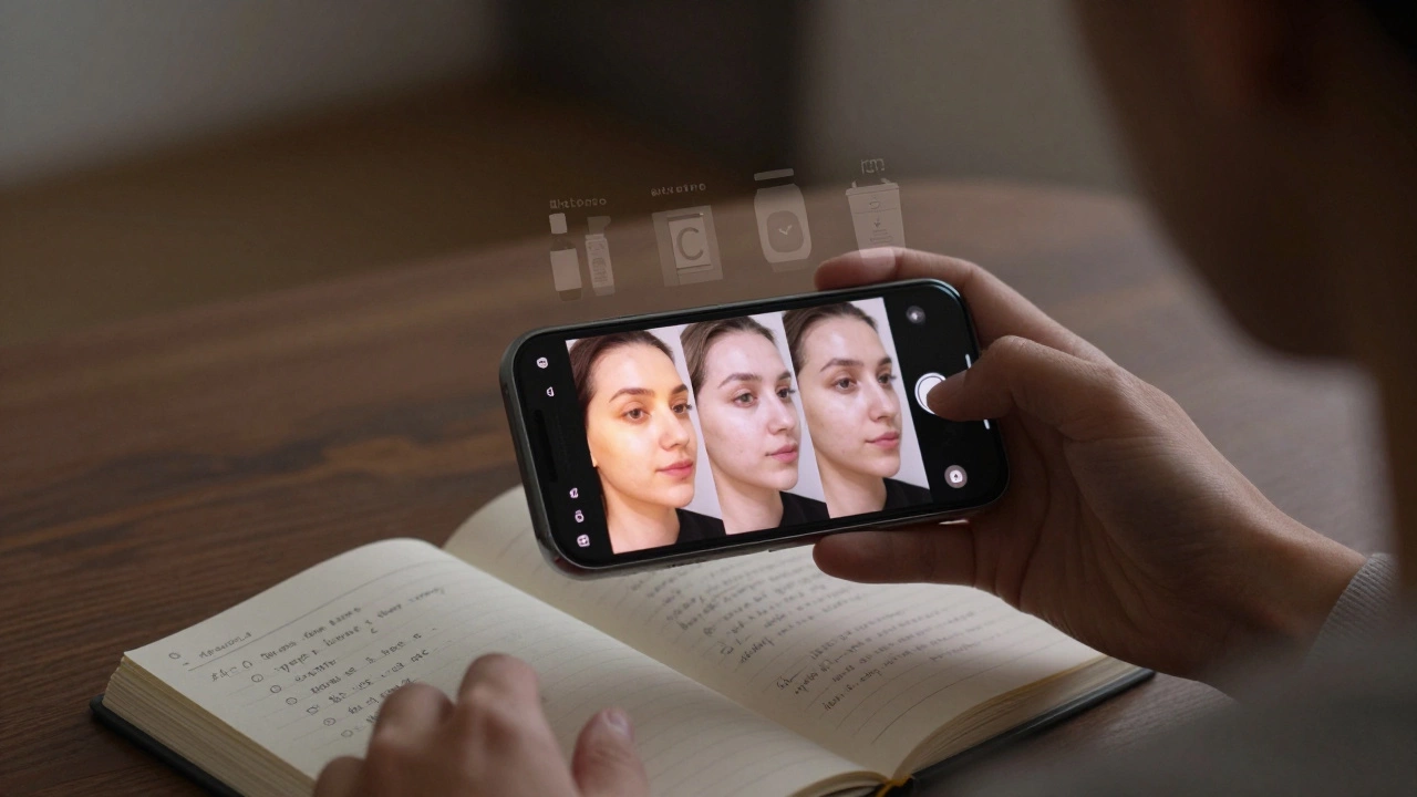 Hand holding phone showing 8-week skin progress with floating skincare icons and journal nearby.