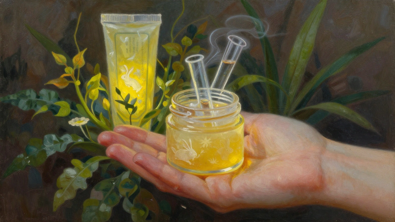 Hand holding Vaseline with ghostly animal testing images rising from the jelly.