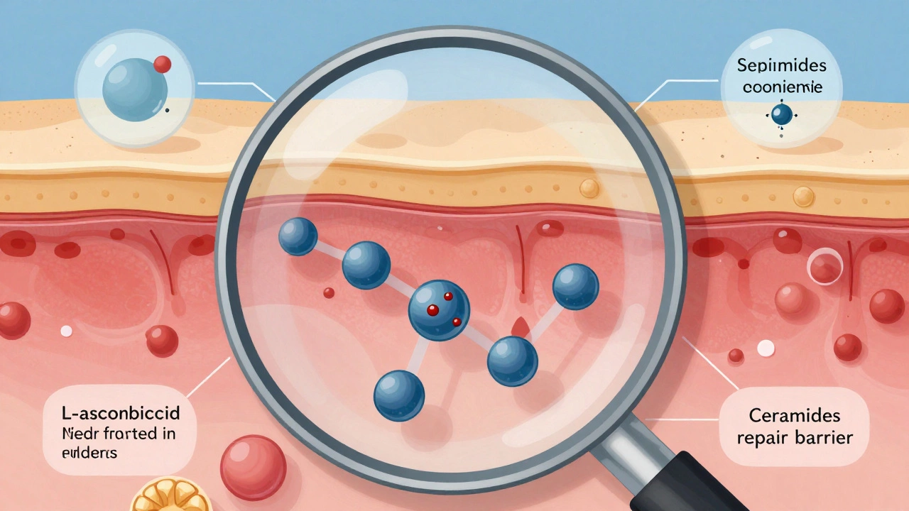 Magnified cross-section of skin showing active ingredients penetrating layers with scientific details.