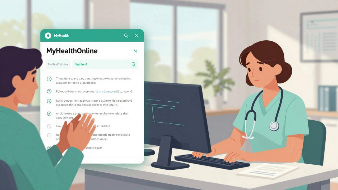 Nurse reviewing a patient&#039;s secure health message on a clinic monitor.