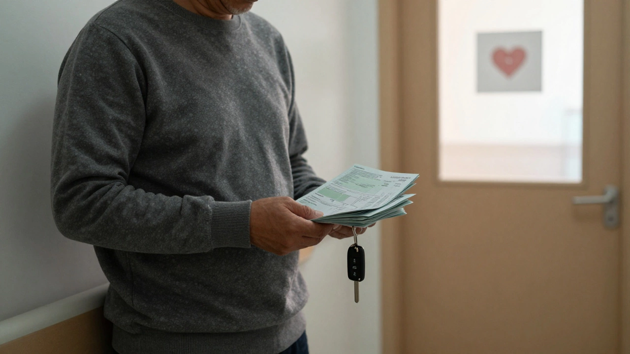 Person holding medical bills in a hospital corridor at dawn, reflecting on healthcare costs.