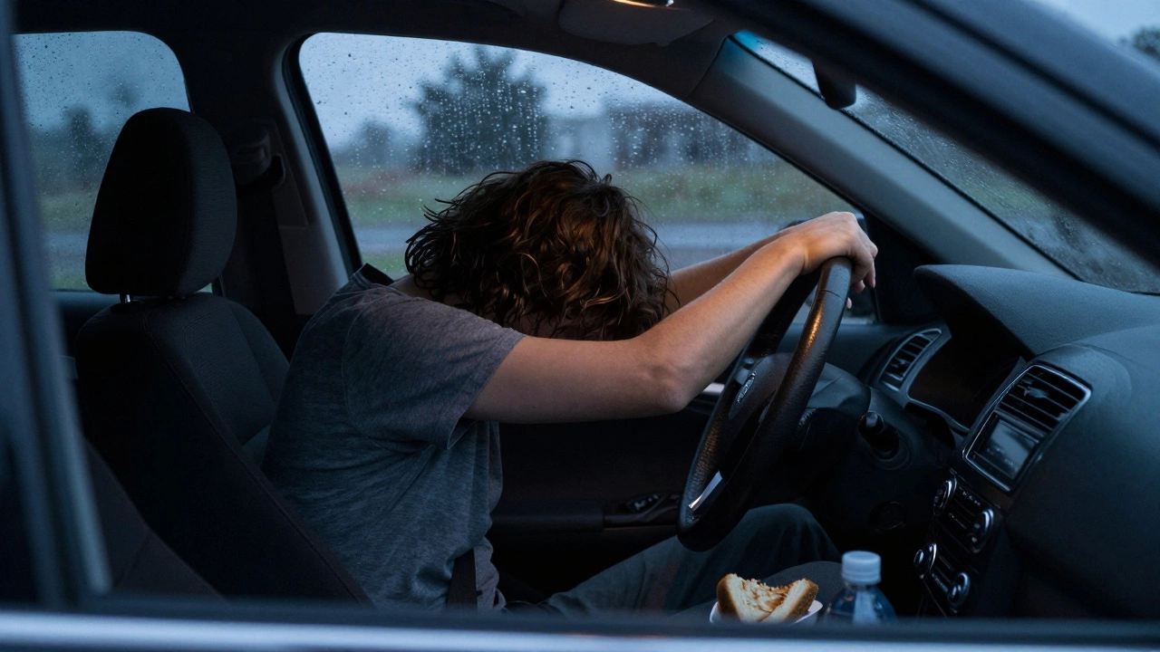 Someone sitting alone in a parked car at dusk, head on the steering wheel, rain on the windshield.