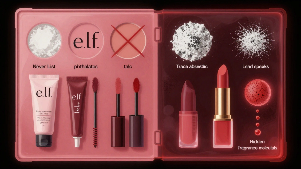 Split illustration showing e.l.f.'s banned ingredients versus hidden contaminants like asbestos and lead.