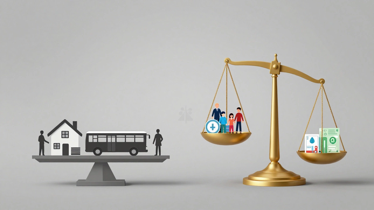 Two financial scales comparing UK tax funding versus US out-of-pocket healthcare costs.
