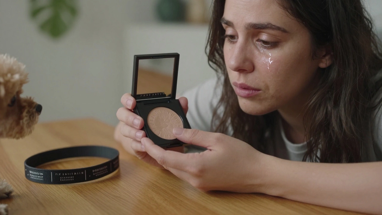 Woman holding Fenty highlighter with dog leash beside her, quiet moment of ethical reflection.