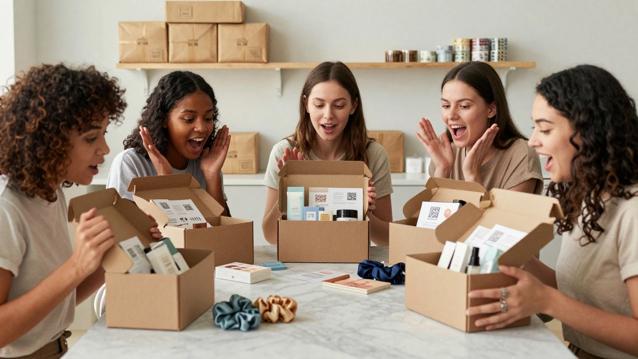 Women happily unboxing luxury beauty products on a marble counter with silk scrunchies and QR codes visible.