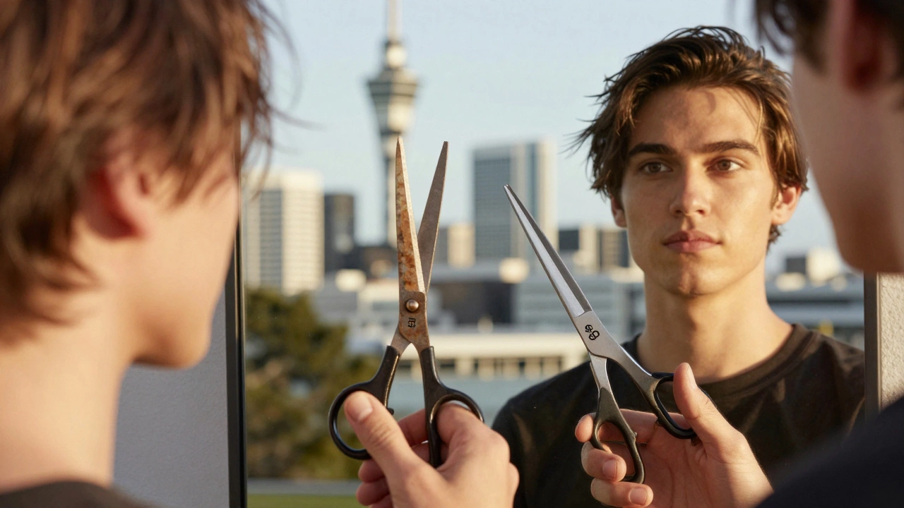 A person holding two scissors representing cheap and premium haircuts, reflected in a mirror showing the difference in results.