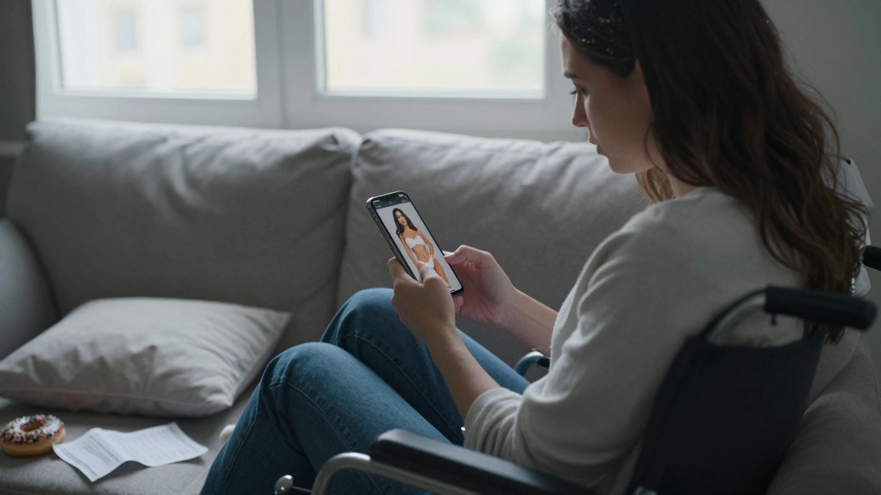 A woman sitting alone on a couch, partially paralyzed, staring at a phone showing a social media influencer.