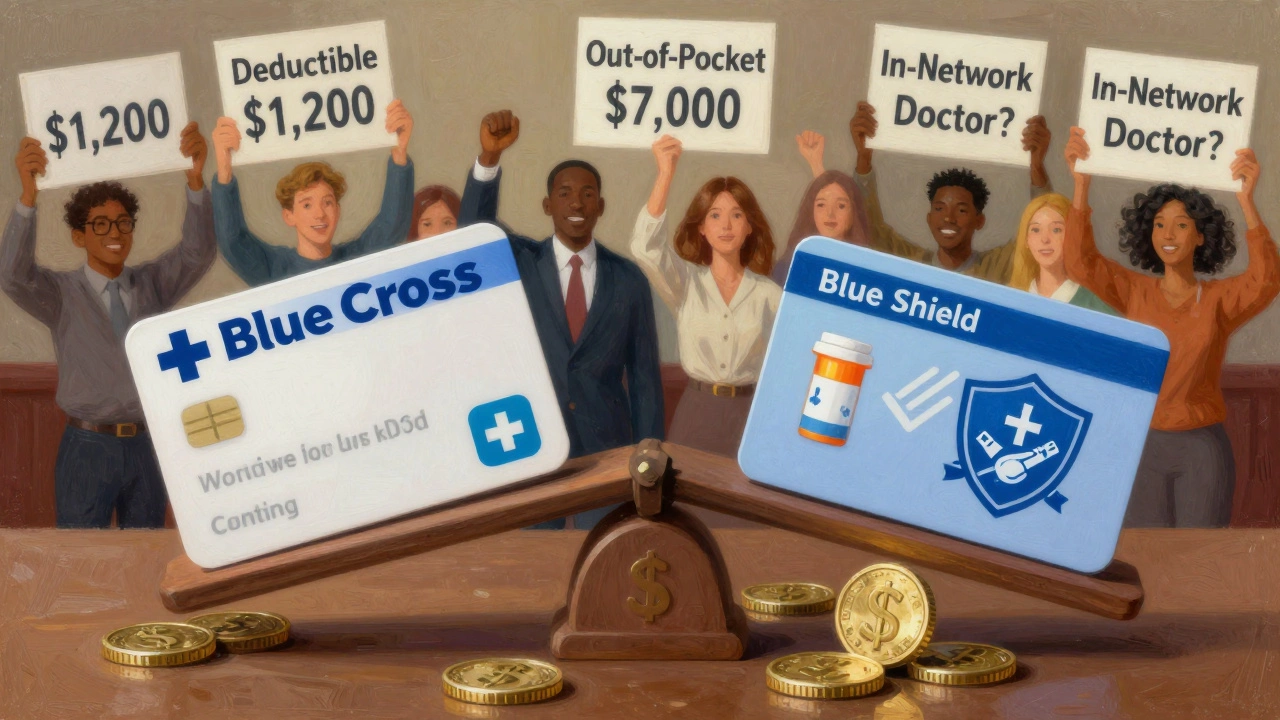 Balance scale comparing Blue Cross and Blue Shield insurance plans with cost factors.