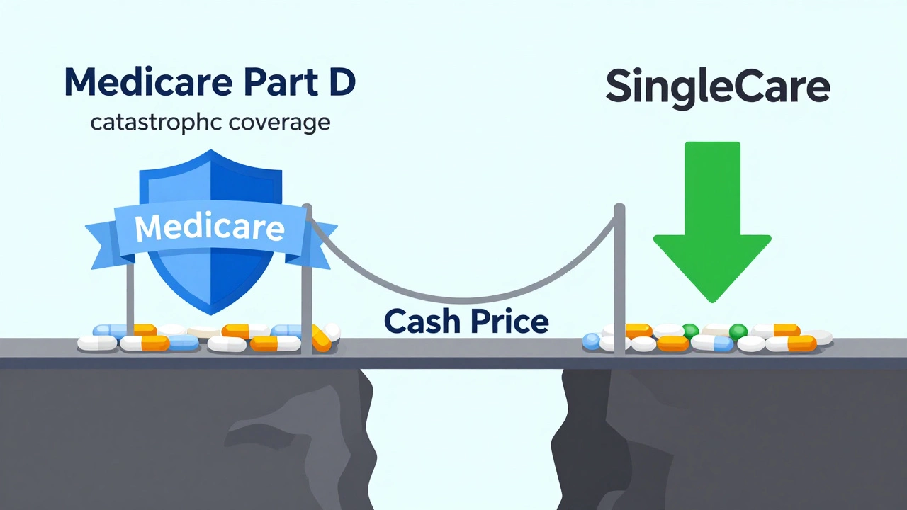 Conceptual bridge of pills connecting Medicare and SingleCare over a cash price chasm.