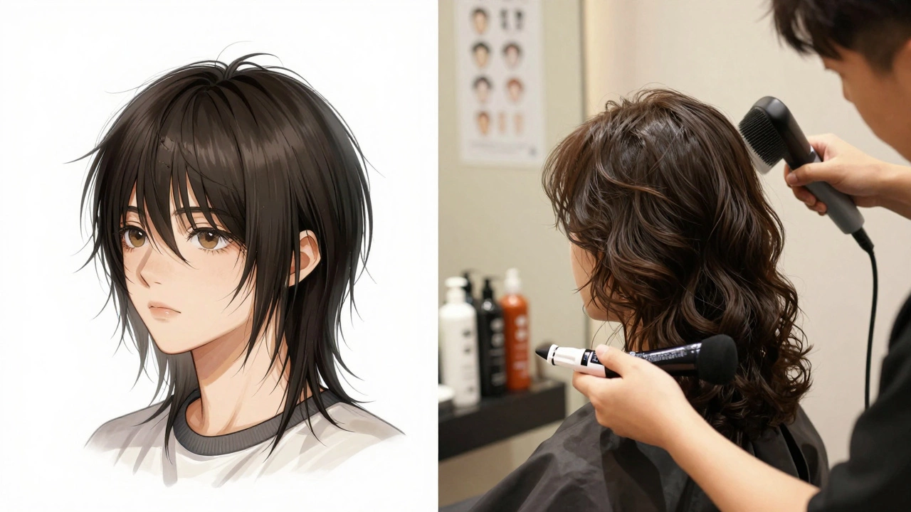 Contrasting two haircuts: one uneven and messy, the other smooth and professionally styled with a stylist assisting.