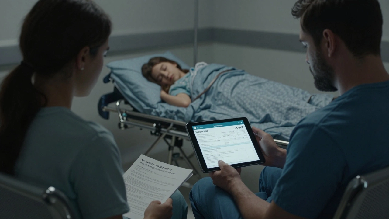 Couple reviewing a large medical bill in a hospital waiting room while their child rests.