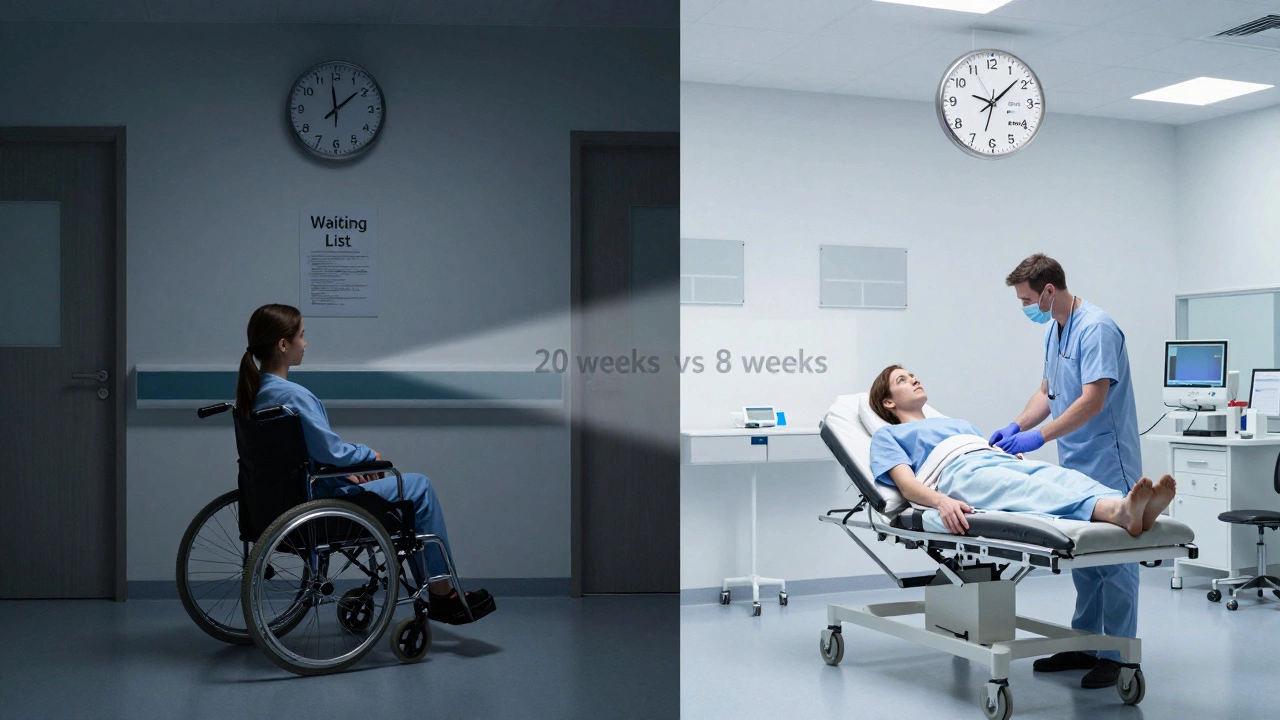 Dual image comparing 20-week UK wait with 8-week German treatment under contrasting lighting.