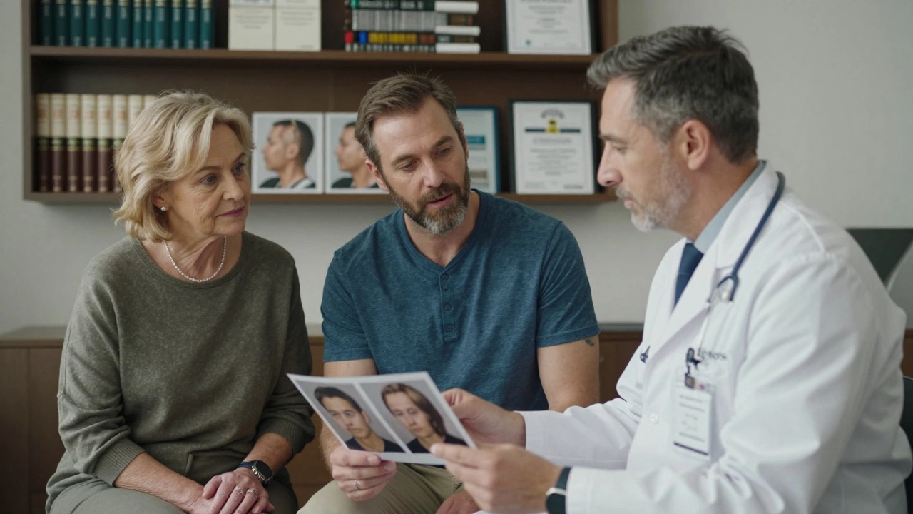 Elderly woman and man reviewing cosmetic procedure photos with a qualified surgeon in a consultation room.