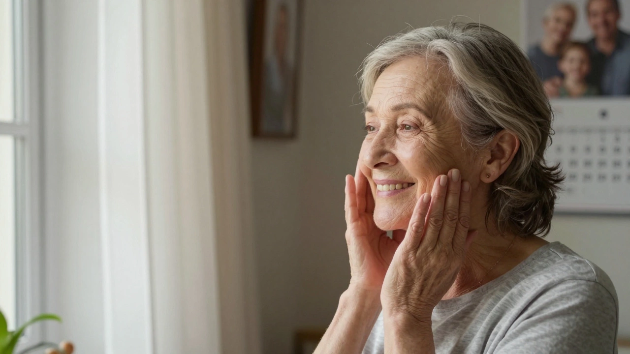 Elderly woman smiling at her reflection after a facelift, morning light in the room.