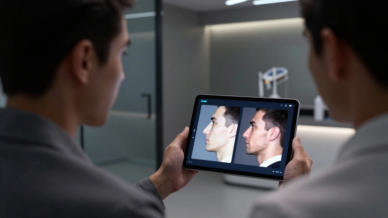 Man reviewing a 3D digital simulation of jawline enhancement during a consultation.
