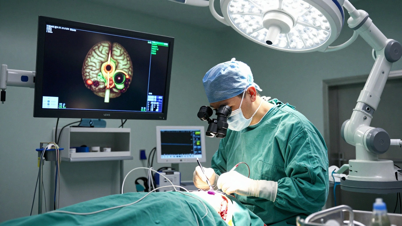 Neurosurgeon operating with advanced imaging technology during brain surgery