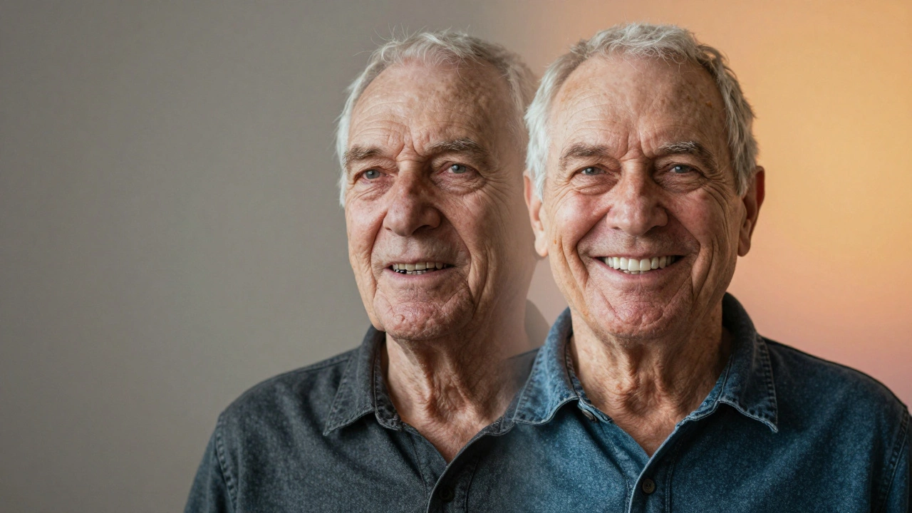 Split portrait showing transformation from toothless to confident smile with dental implants.