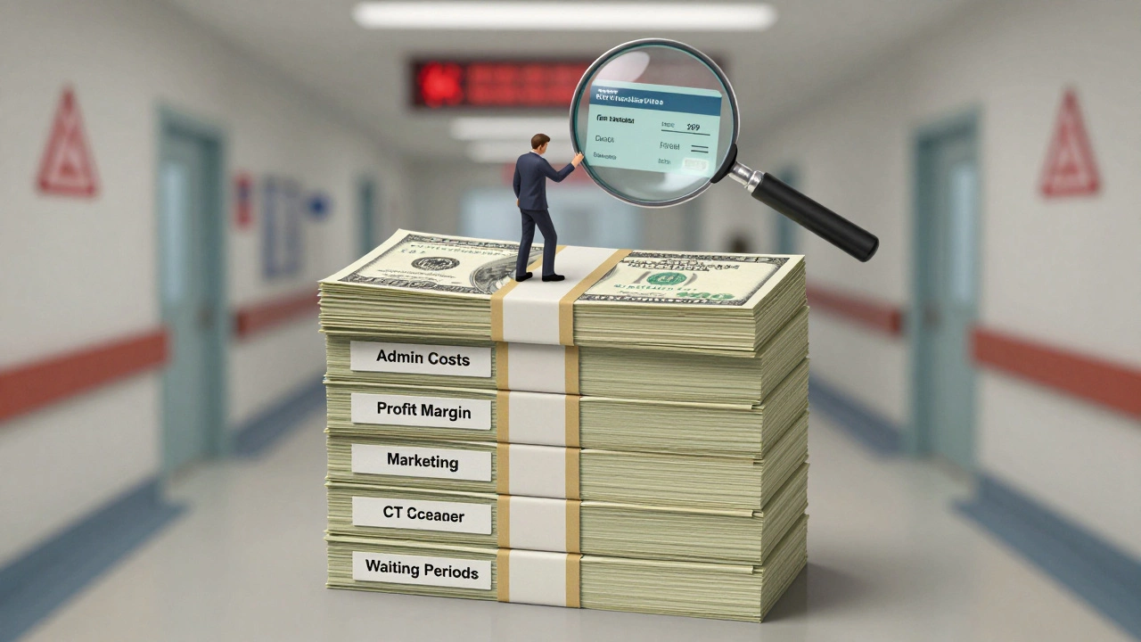 Stack of money forming a hospital building with labels for administrative costs and profit margins.
