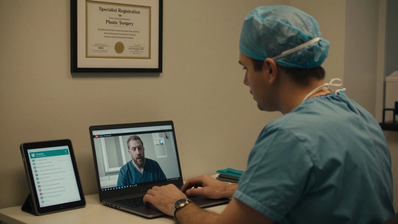 Surgeon watching a patient's video testimonial on a laptop, GMC certification visible on the wall.