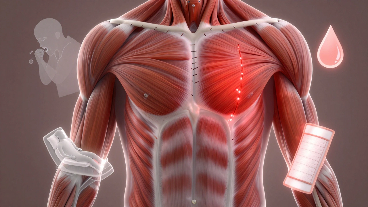 Translucent human torso with stitched abdominal muscles and glowing inflammation, medical illustration style.