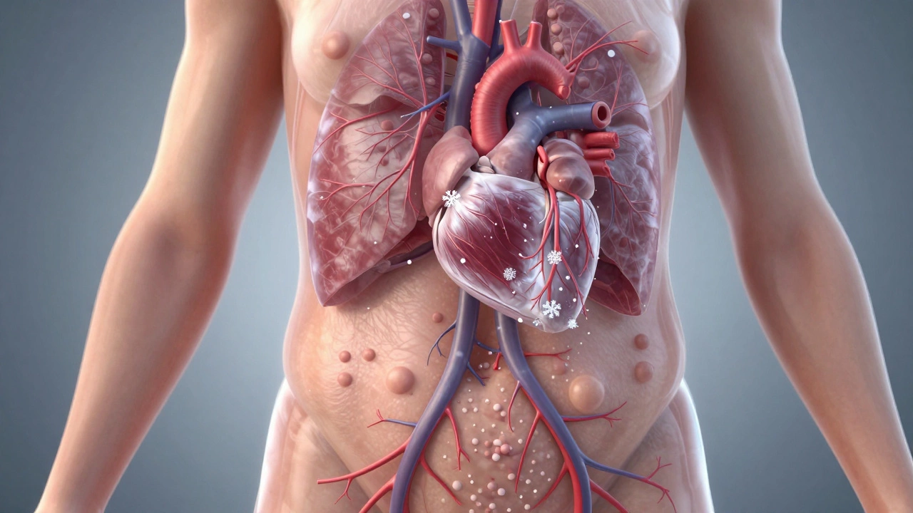 Transparent human torso showing fat particles traveling through veins to block the heart and lungs.