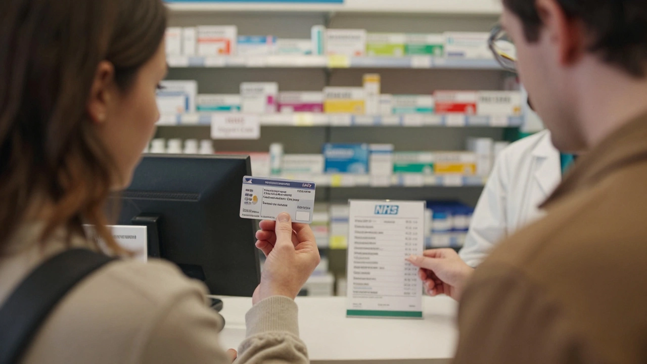 Traveler showing a GHIC card to a pharmacist at a UK pharmacy counter.