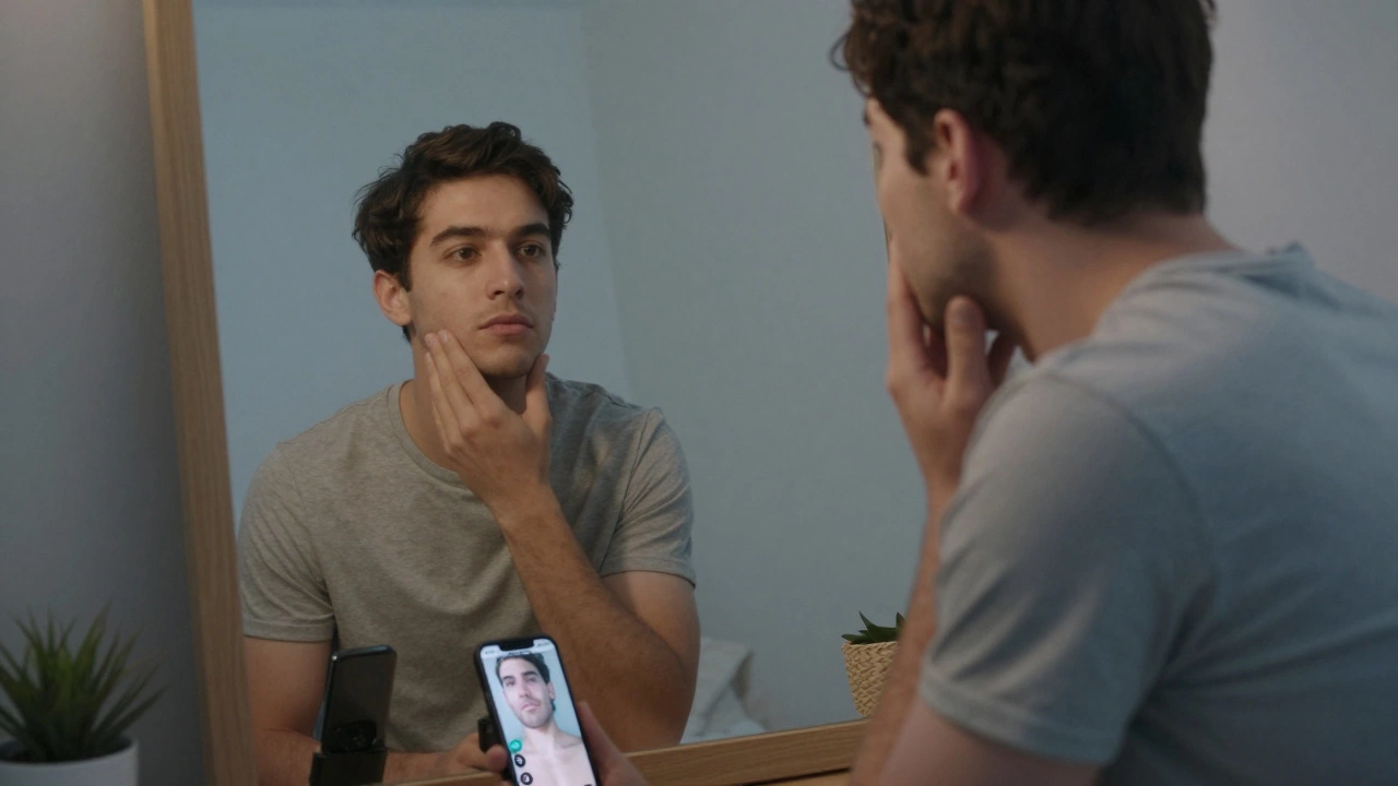 Young man examining his jawline in a mirror while a smartphone displays a gynecomastia surgery before-and-after video.