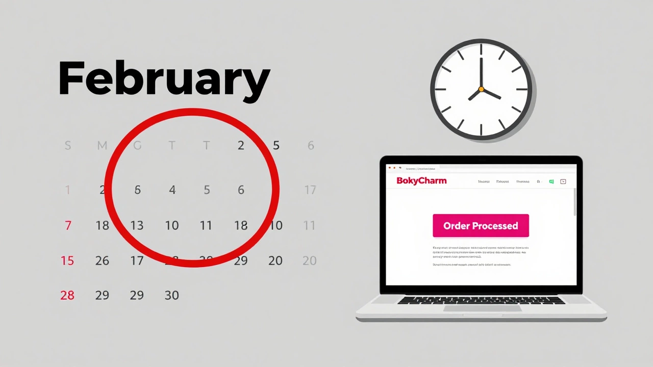 A calendar marking the BoxyCharm shipping date with an order status on screen.