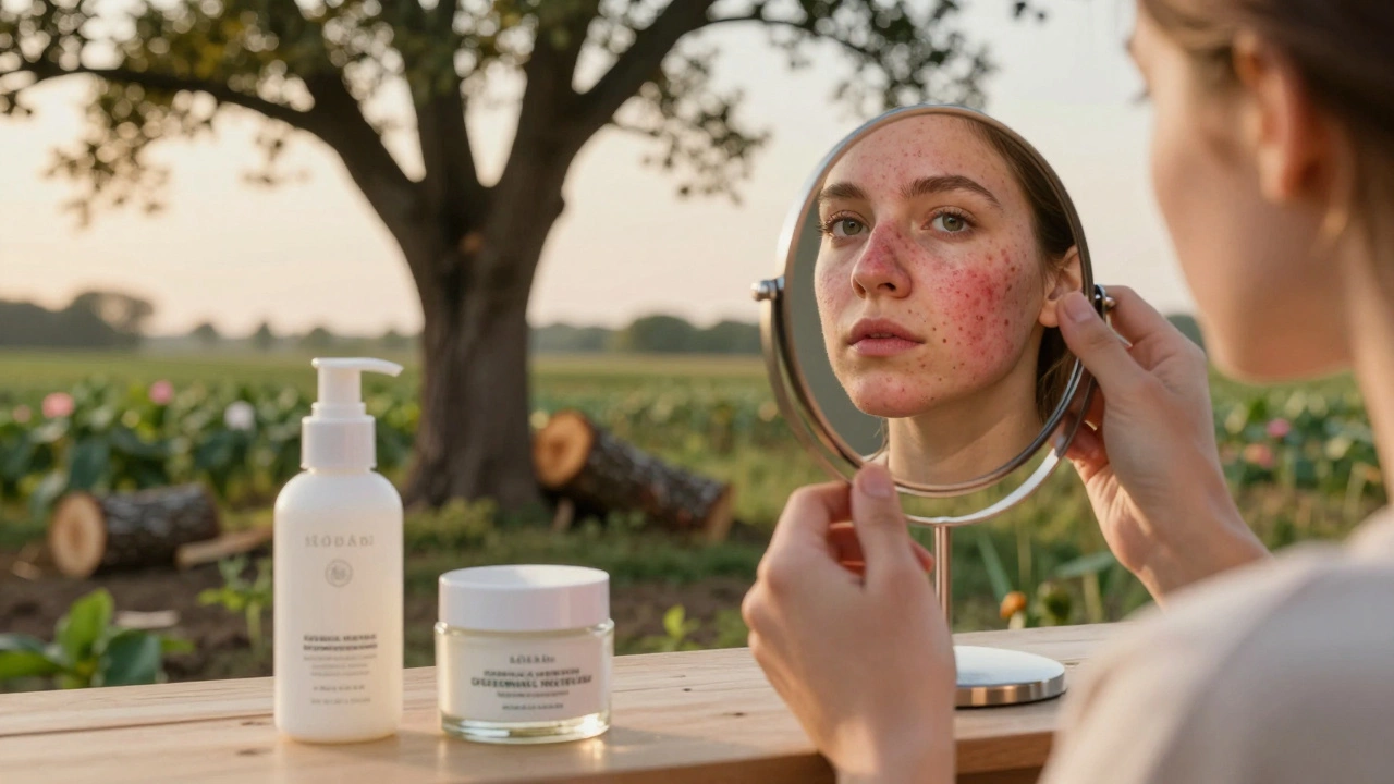 A person with acne staring in a mirror while holding an expensive organic cream, next to a conventional one.