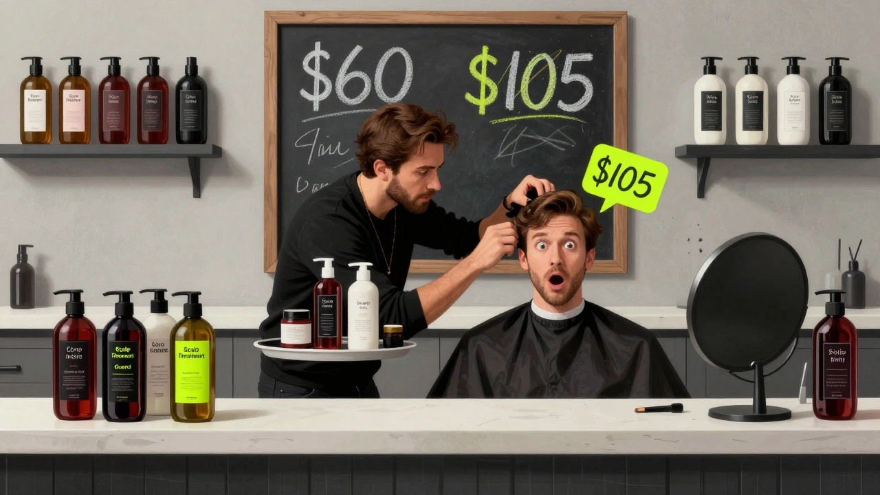 A stylist overwhelms a client with expensive salon products, while prices on a chalkboard are scribbled higher.