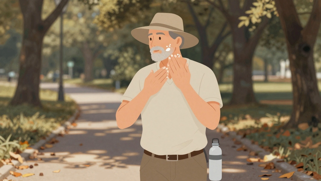 An older man walking in a park while applying sunscreen to his neck and hands, wearing a hat and carrying a water bottle.