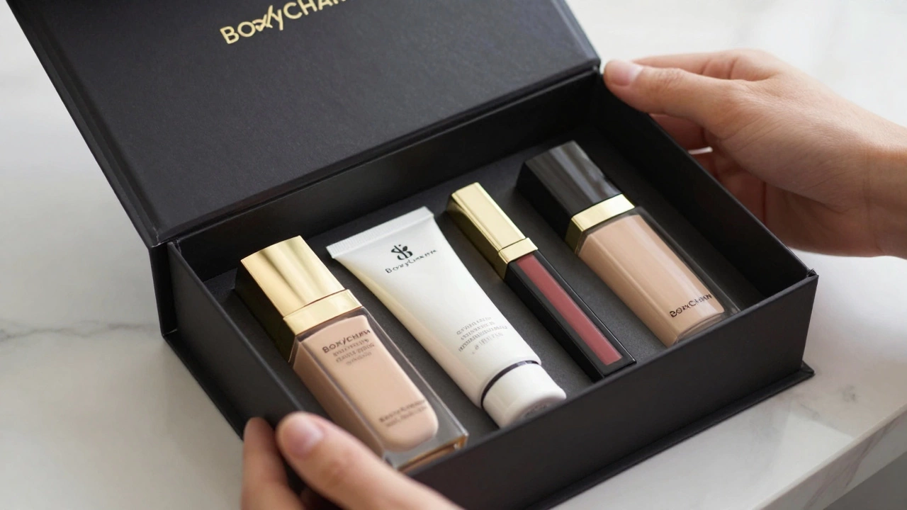 Luxury beauty products neatly arranged inside an opened BoxyCharm box.