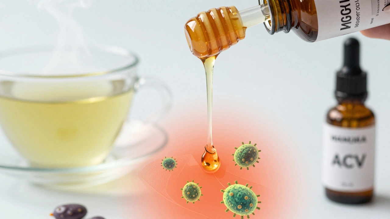 Manuka honey being poured over a throat illustration as bacteria dissolve, with green tea and ACV nearby.