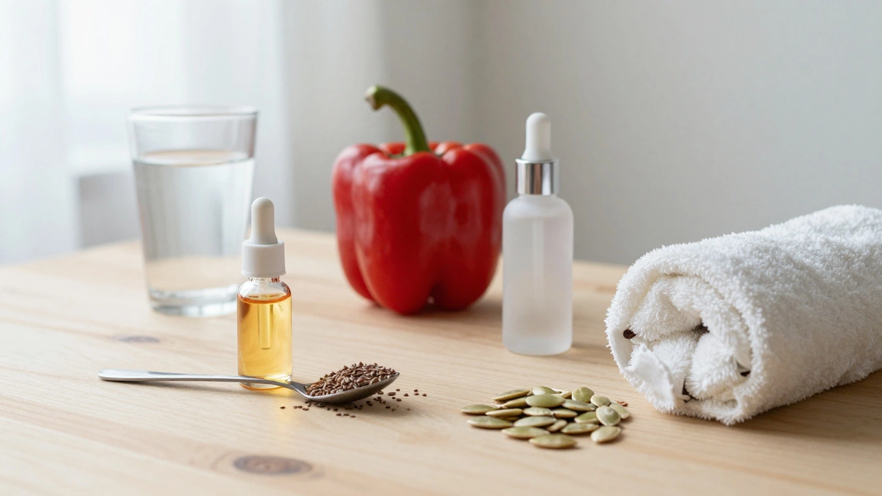 Natural skincare ingredients like rosehip oil, flaxseed, bell pepper, and pumpkin seeds arranged on a wooden table with water.
