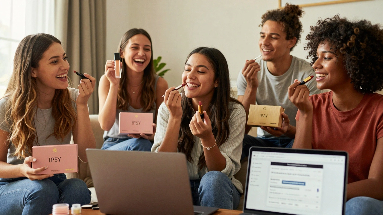 People of different backgrounds enjoying their first IPSY beauty samples at home in natural lighting.