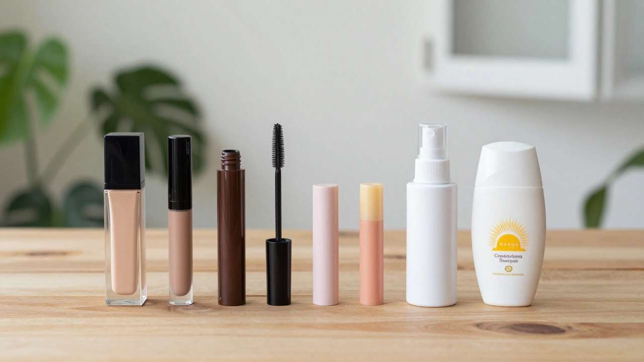 Seven minimal makeup products arranged neatly on wood surface with natural lighting.
