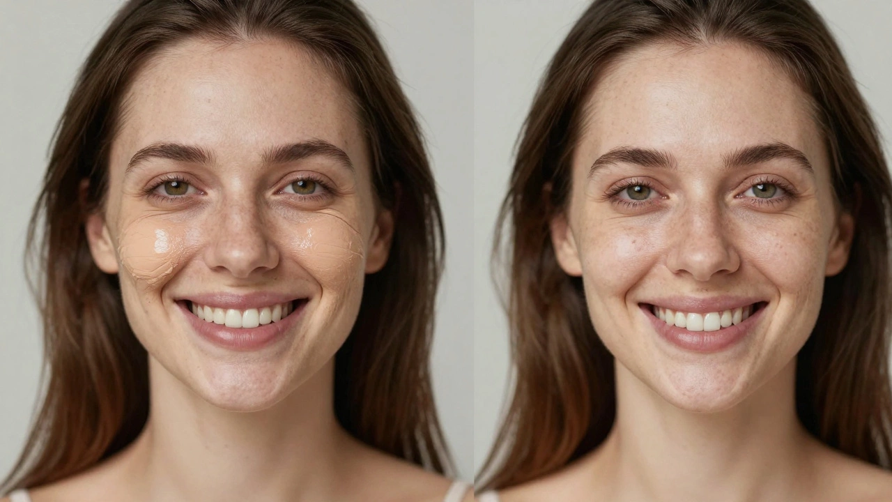 Split image: one side shows heavy foundation settling into lines, the other shows natural, glowing skin.