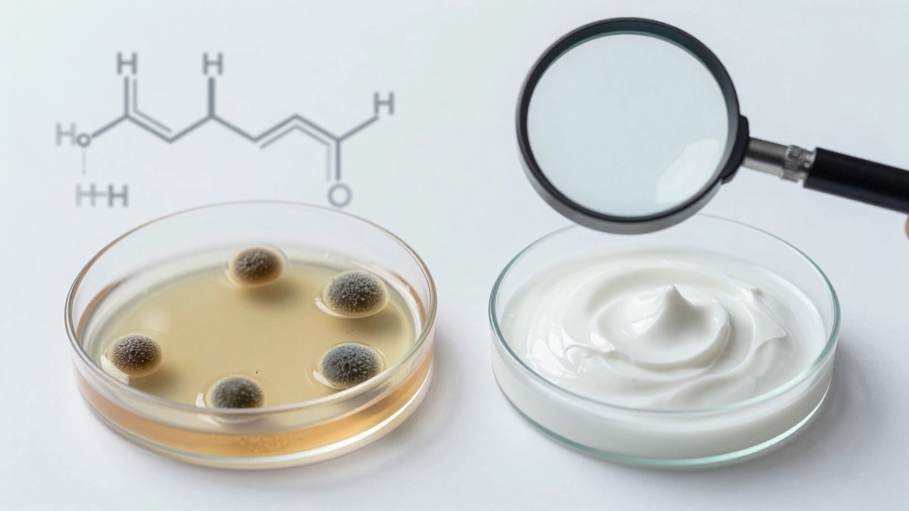 Two petri dishes side by side: one with mold growth from organic cream, the other sterile.